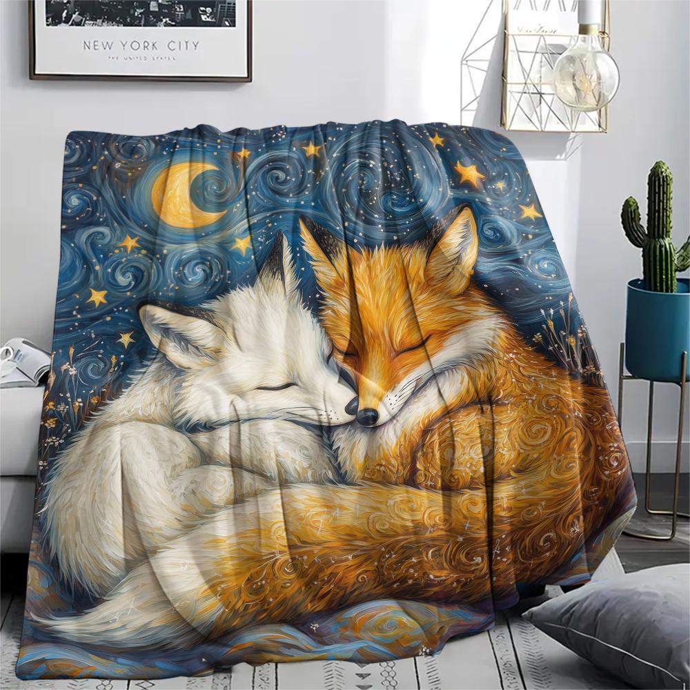 Fox and Moon pattern Flannel Blanket, High quality Comfortable for All Seasons, Home Decor, Warmth and Comfort, Perfect for Gifts.