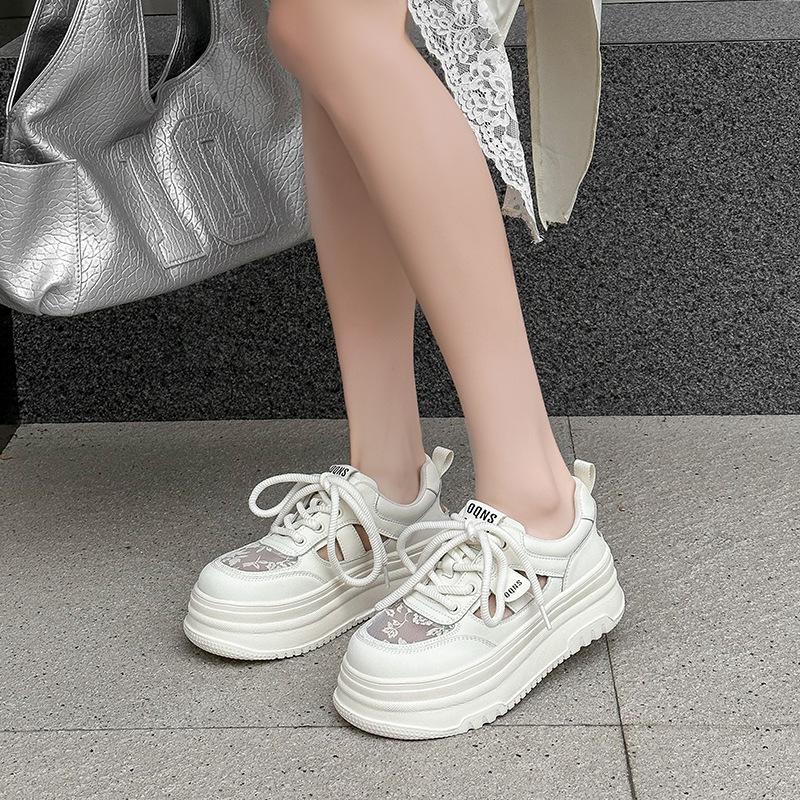 Leather Summer New Lace Gauze Hollow Breathable Thick-soled Sports and Leisure Board Shoes