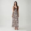 Womens Zebra Print Lace Spliced Bodycon Slip Dress With Side Slit V-Neck Maxi