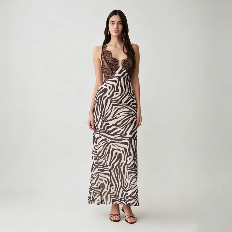 Womens Zebra Print Lace Spliced Bodycon Slip Dress With Side Slit V-Neck Maxi