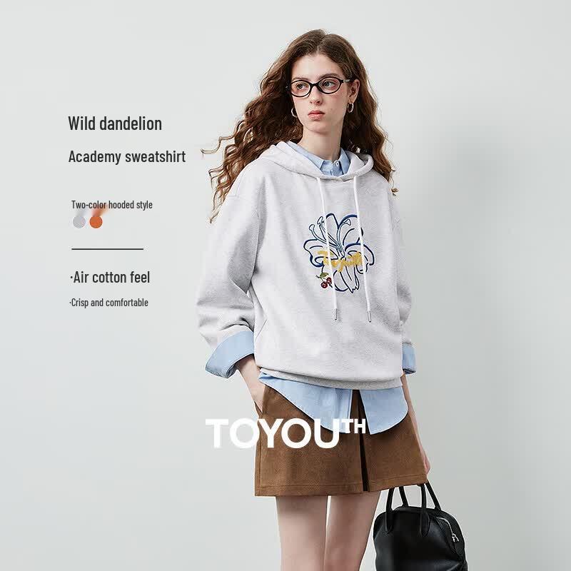 Chuyu College Style Floral Embroidered Hooded Sweatshirt S