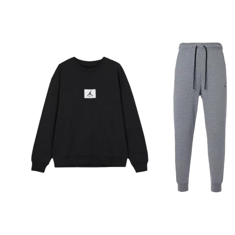 

Jordan Logo Patch Round Neck Loose Pullover Long Sleeve Top Comfortable Mid Waist Drawstring Pants Casual Sports Suit DQ7341-091+FB6935-010 S