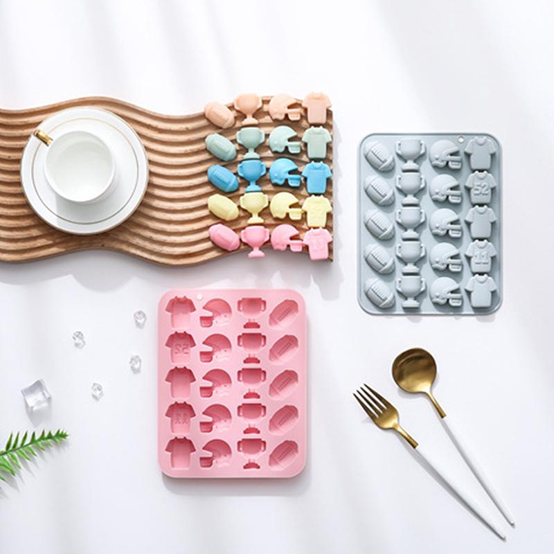 Football Chocolate Mold,Sports Theme Silicone Mold, 20-Cavity Football Rugby Trophy Helmet Jersey Silicone Fondant Candy Mould