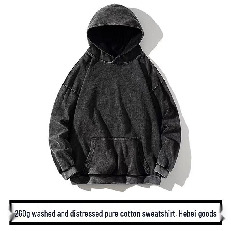 Retro Washed Distressed Loose-Fit Hooded Sweatshirt, 260g Pure Cotton, Drop-Shoulder, Plain Design