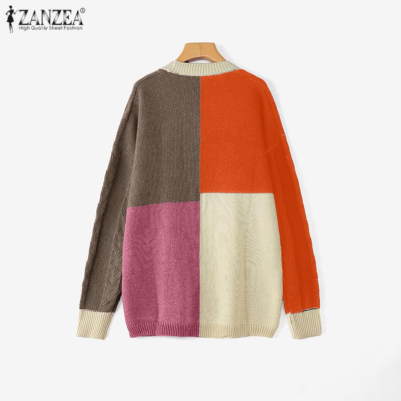 ZANZEA Autumn Winter Women Long Sleeve Patchwork Open Front Casual Loose Sweater Knitwear
