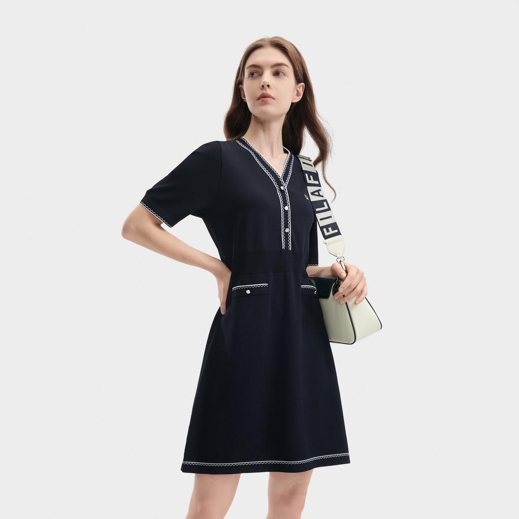 Fila Modern Heritage V-Neck Short Sleeve Dress Women Dresses F11W421316FNV