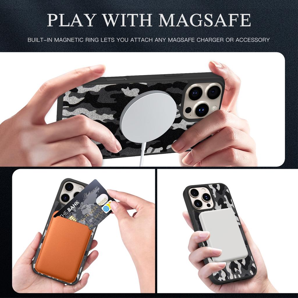 Luxury Ultra-Thin Camouflage Leather MagSafe Case For iPhone 17 Air 16 15 14 13 12 11 Pro Max Magnetic Wireless Charging Cover