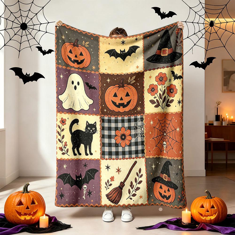 October Pick Witch Cat Fleece Blanket Bat Spider Web Floral Design Throw Blanket for Bedroom Sofa Halloween Home Decor Gift
