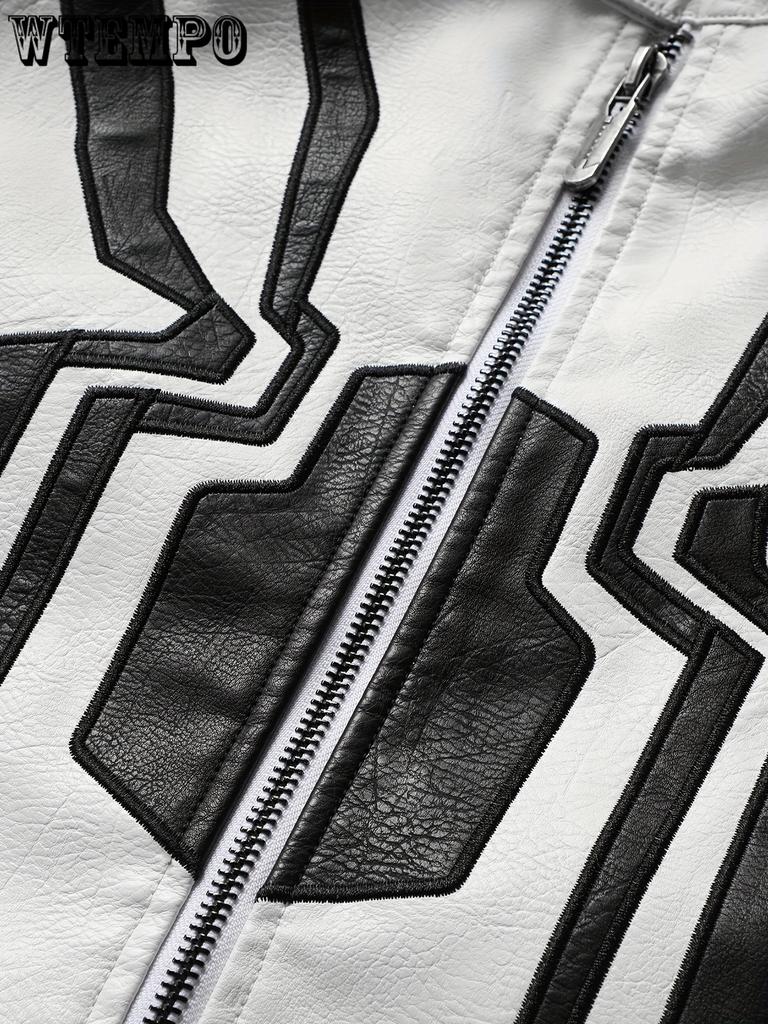 Men's Color Blocking Spider Pattern Stylish PU Leather Jacket - Pocket Street Style Retro Classic Bomber Jacket