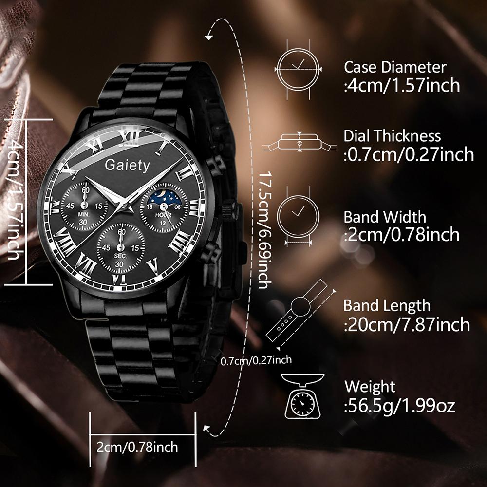 4PCS Black Men's Gift Box Watch Set Trendy Fashion Quartz Watch Bracelet Necklace Ring Set Perfect Gift Set for Friends or Dad