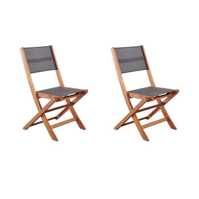 Lot de 2 chaises de jardin pliantes en bois d'acacia FSC - EDEN - Assise textilene - Gris - 58 x 58 x H90 cm
