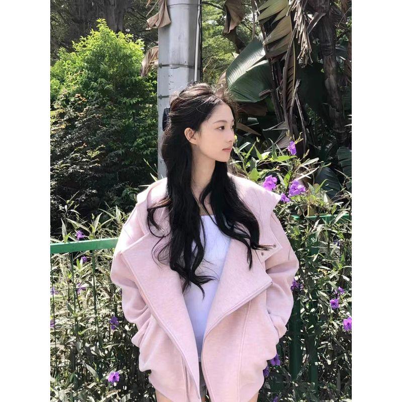 American vintage Gray Hoodie Women Winter Fleece-lined Thickened Loose Idle Style Casual Zip-up Cardigan Outerwear