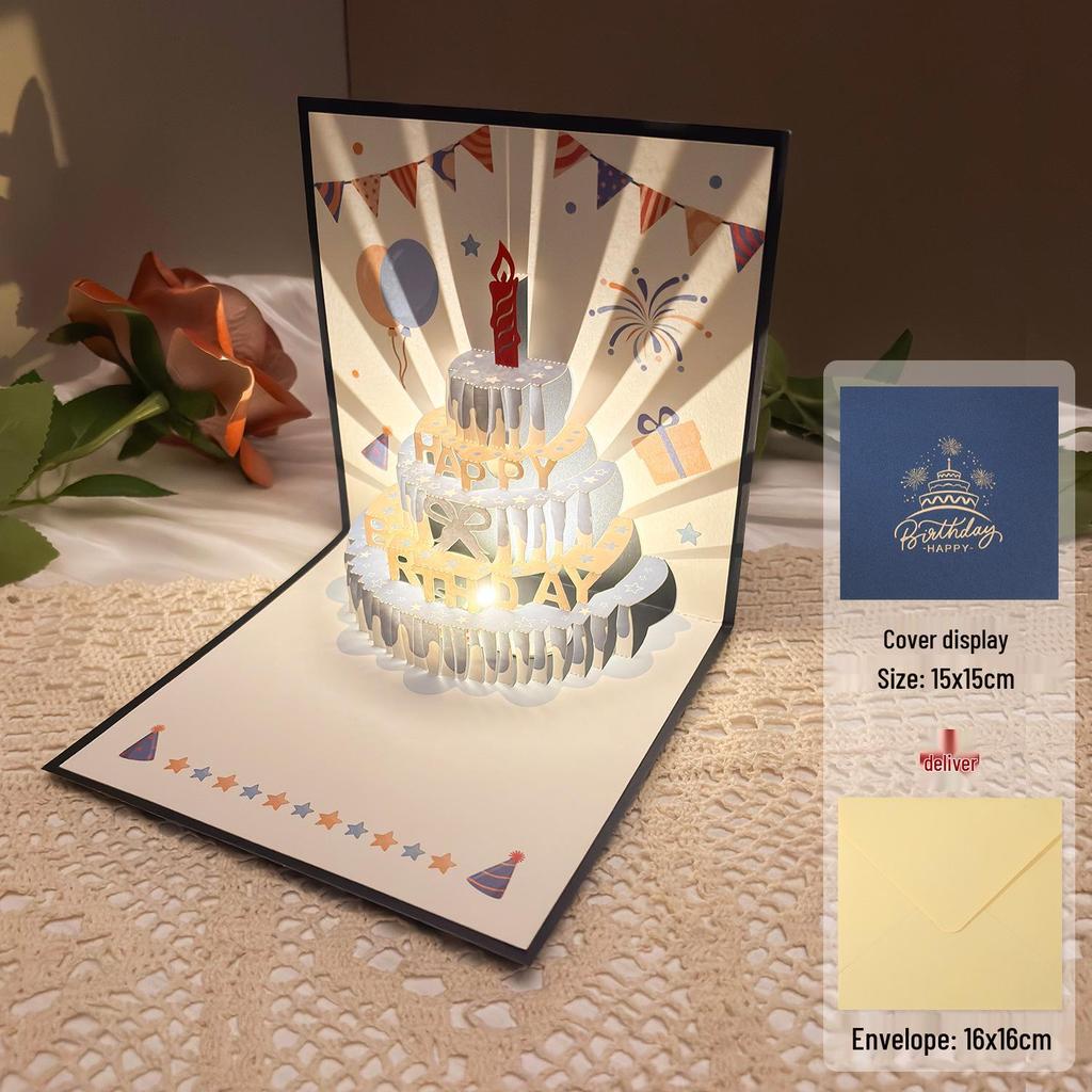 Dźwiękowa kartka urodzinowa 3D Pop-Up ze światłem do nagrywania - Wzór tortu na prezent dla chłopaka/dziewczyny