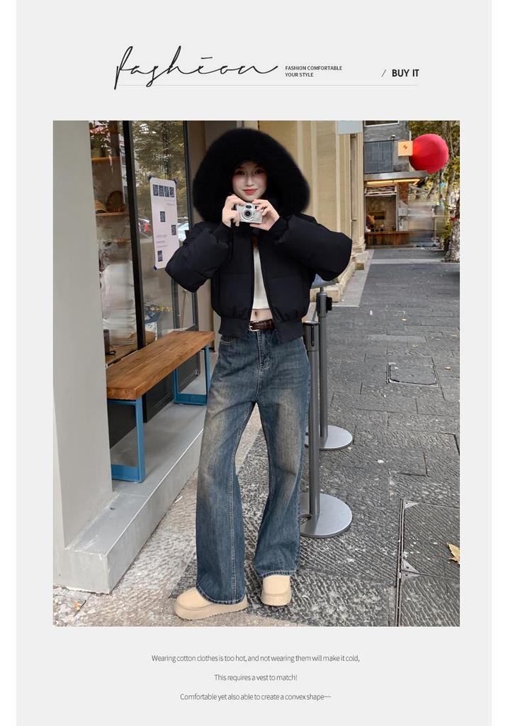 Women's Winter High Waist Hooded Short Jacket with Removable Fur Collar