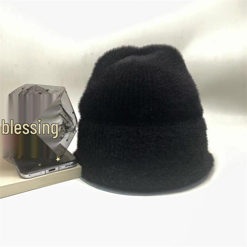 

Unisex High-Quality Knitted Wool Hat with Faux Mink Plush - Warm Solid Color Autumn/Winter Beanie L (58-60cm) чорний