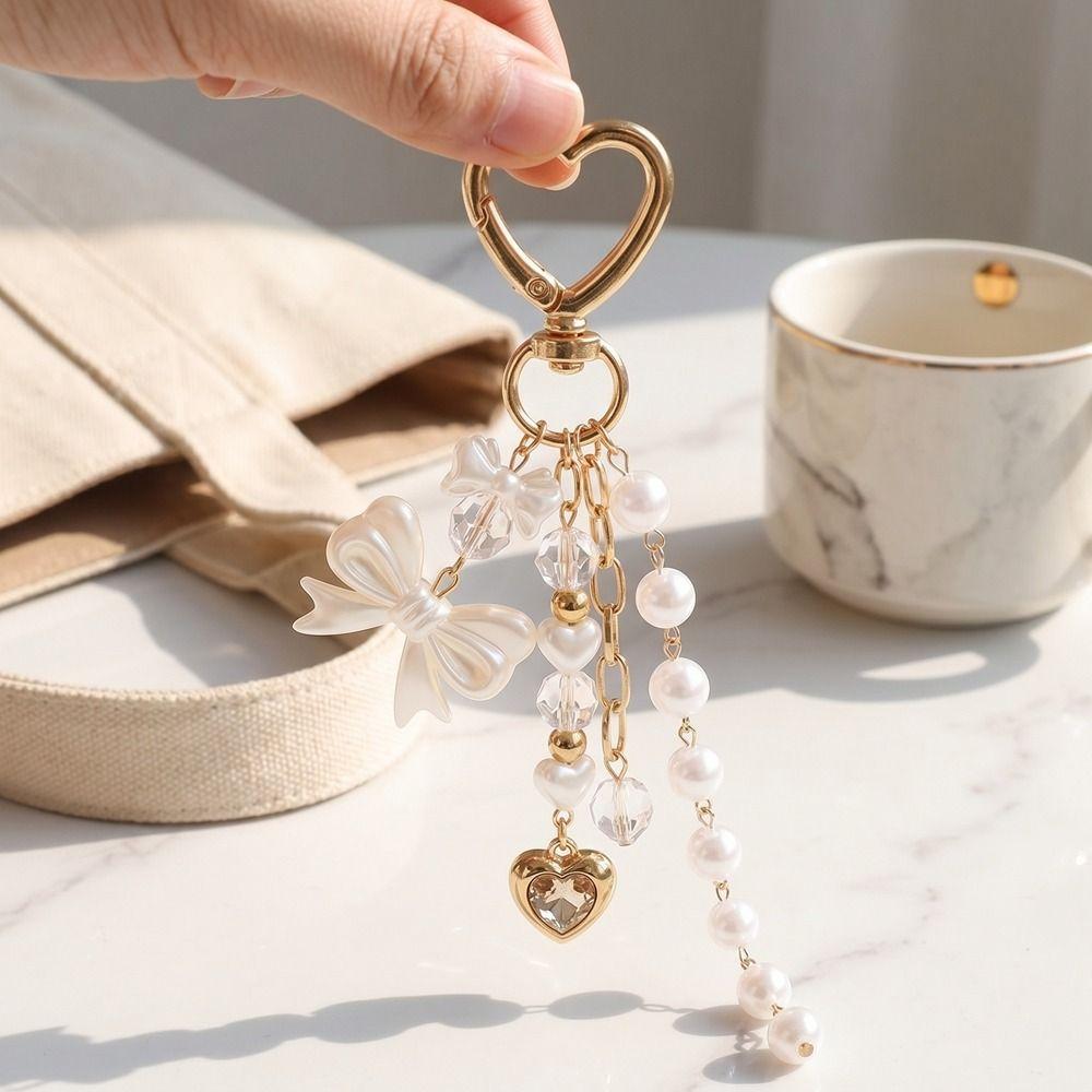 Zinc Zinc Alloy Rhinestone Pendant Hanger Bag Charm Cute Pearl Bow Keychain Bag Pendant