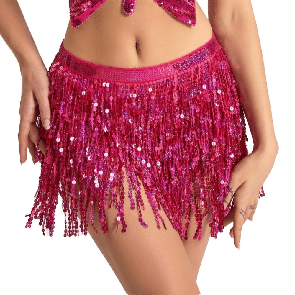 Sequins Belly Dance Waist Chain 4-Layer Tassel Hip Scarf Latin Dance Hula Short Skirt  Party