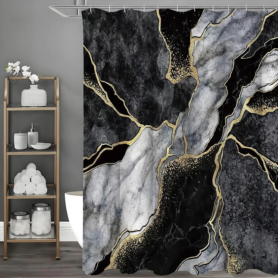 

Abstract Ink Black Gold Gray Marbled Shower Curtain, Bathroom Decorative Shower Curtain, Waterproof Shower Curtain With Hooks W60H190(CM)-1 Pcs