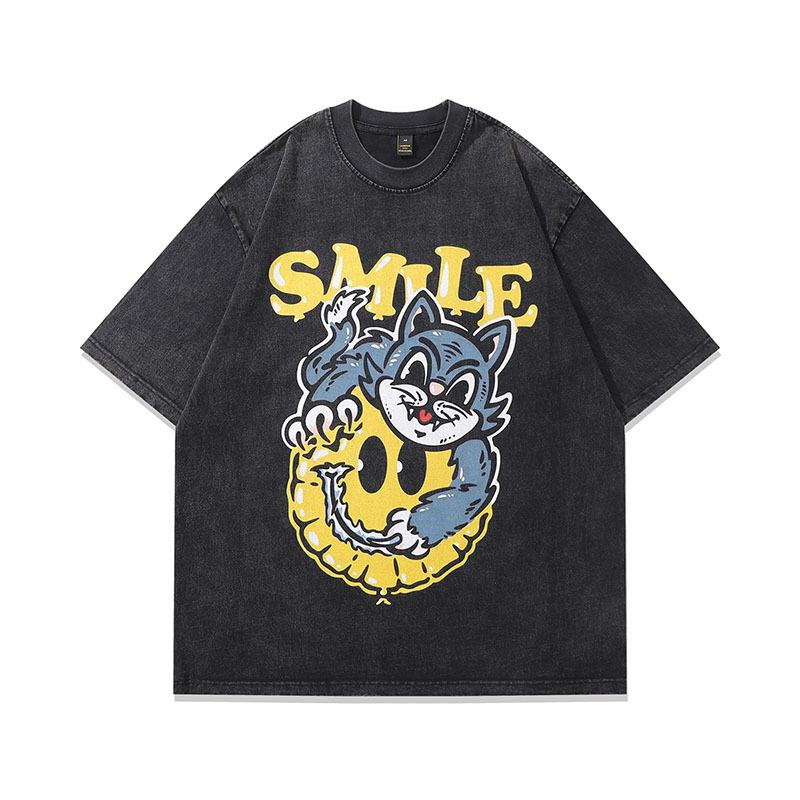 Harajuku Retro Japanese Two-Dimensional Cartoon Printing Washed And Old Heavy Cotton Short-Sleeved T-Shirt Trendy Men And Women