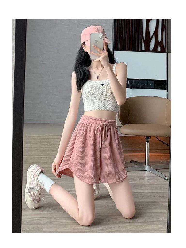 Ice Silk Women's Wide-Leg Sports Shorts, Summer Casual High-Waisted, Versatile Running Outerwear - Single/Double Three-Quarter Length