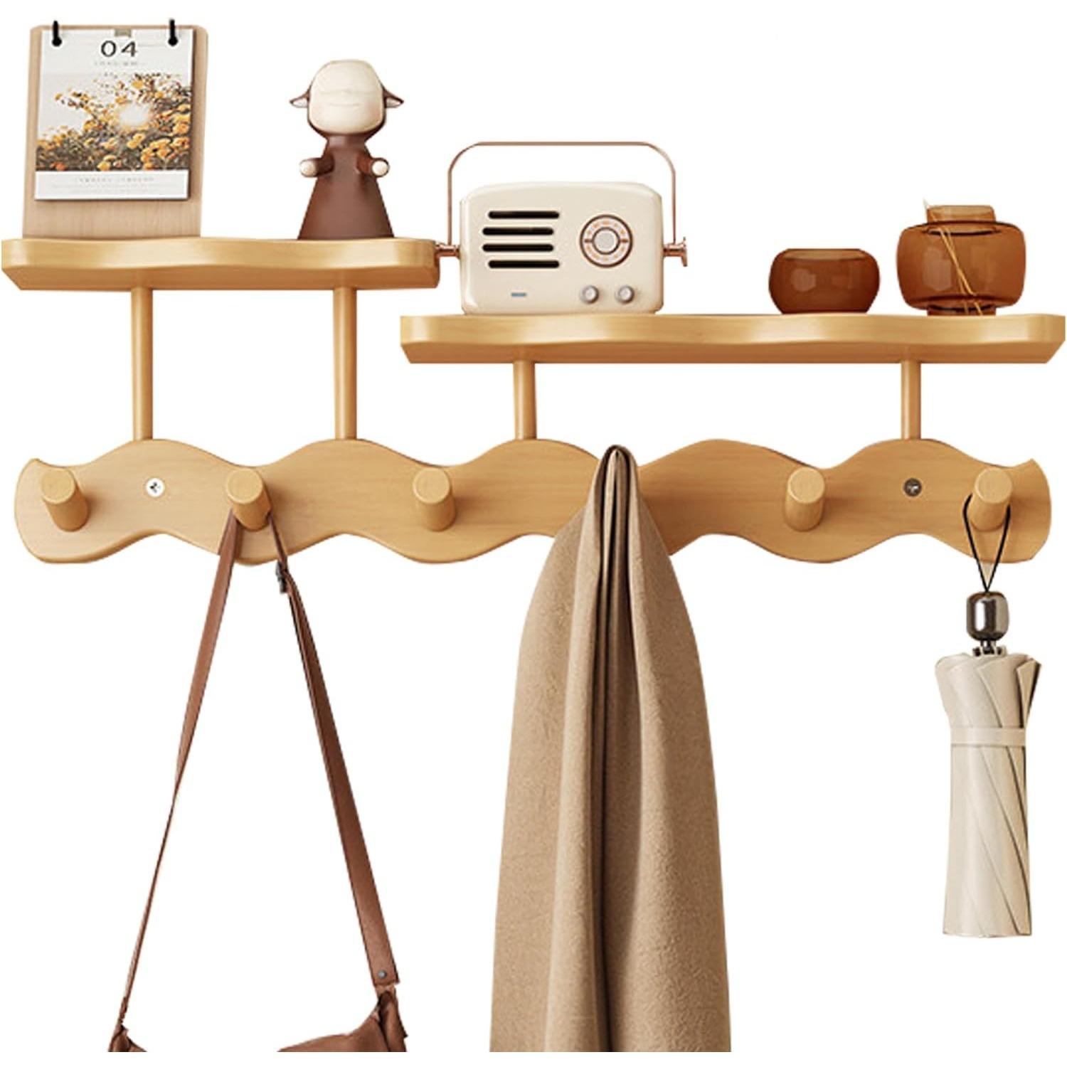 Настенная вешалка для одежды с полкой, деревянная вешалка с 6 прочными крючками, конструкция для крепления на стену для одежды, шляп, полотенец 6 hooks /primary color