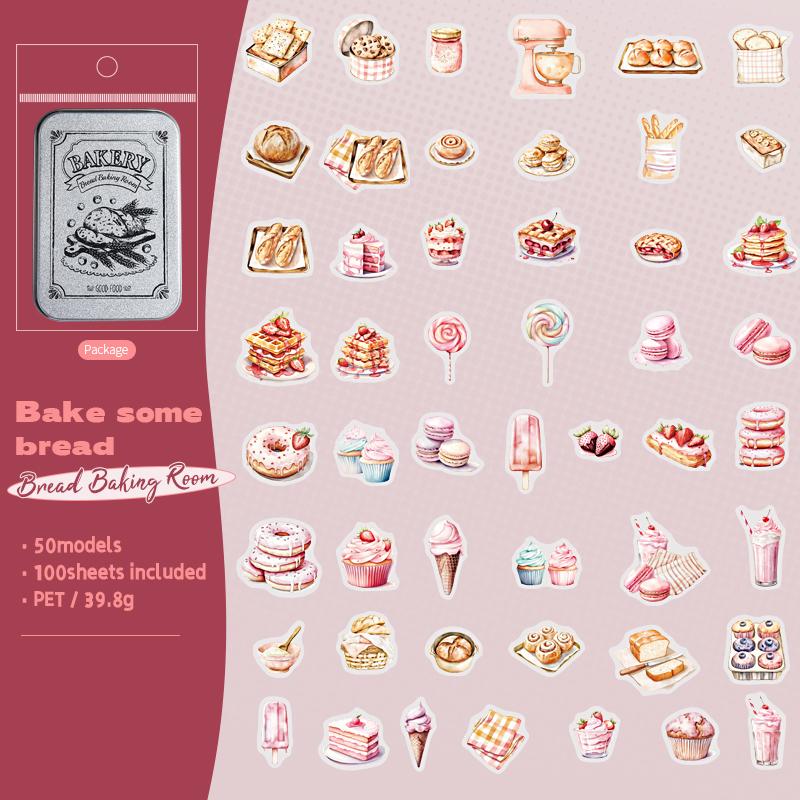 100 Sheets/box Bread Coffee Dessert Pattern Sticker For Hand Account Collage Material DIY Diary Notes Message Decoration