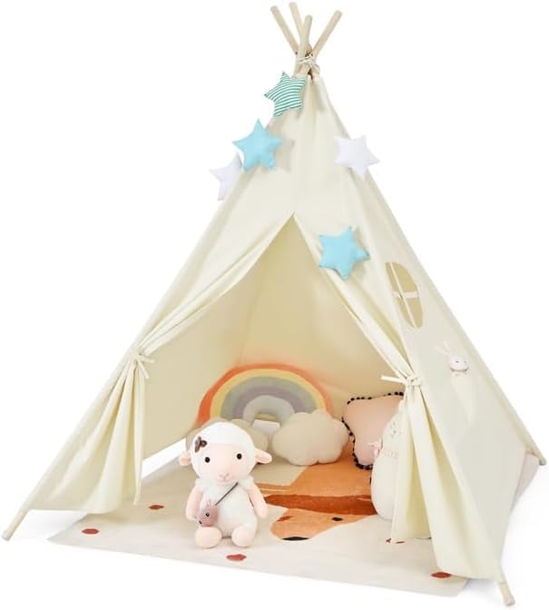 

COSTWAY Teepee with Storage Tent for Girls and Secret Educational Easy Pads for Floor Protection Kids Tent, Wooden, 100% Cotton, Bag, Kids Boys, бежевый