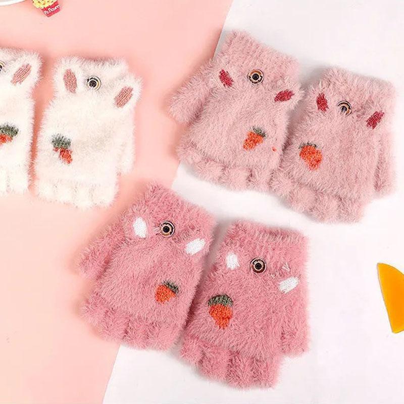 Cute Kids Gloves Winter Warm Faux Fur Knit Boy Girl Children Glove Cartoon Half Finger Flip Cover Outdoor Mittens 3-7Y