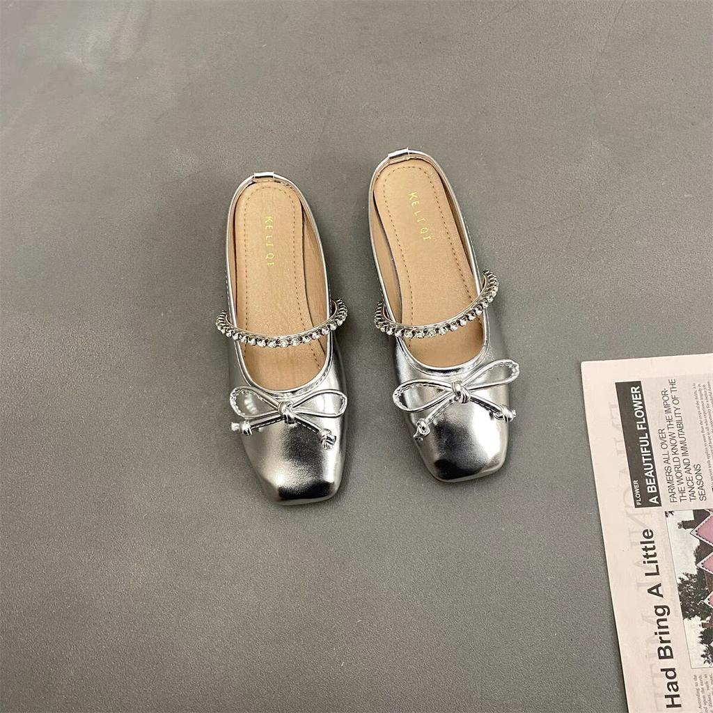 Flat bottom silver rhinestone bag head half slippers women's outer wear 2025 new spring and summer bow gentle evening wind single shoes