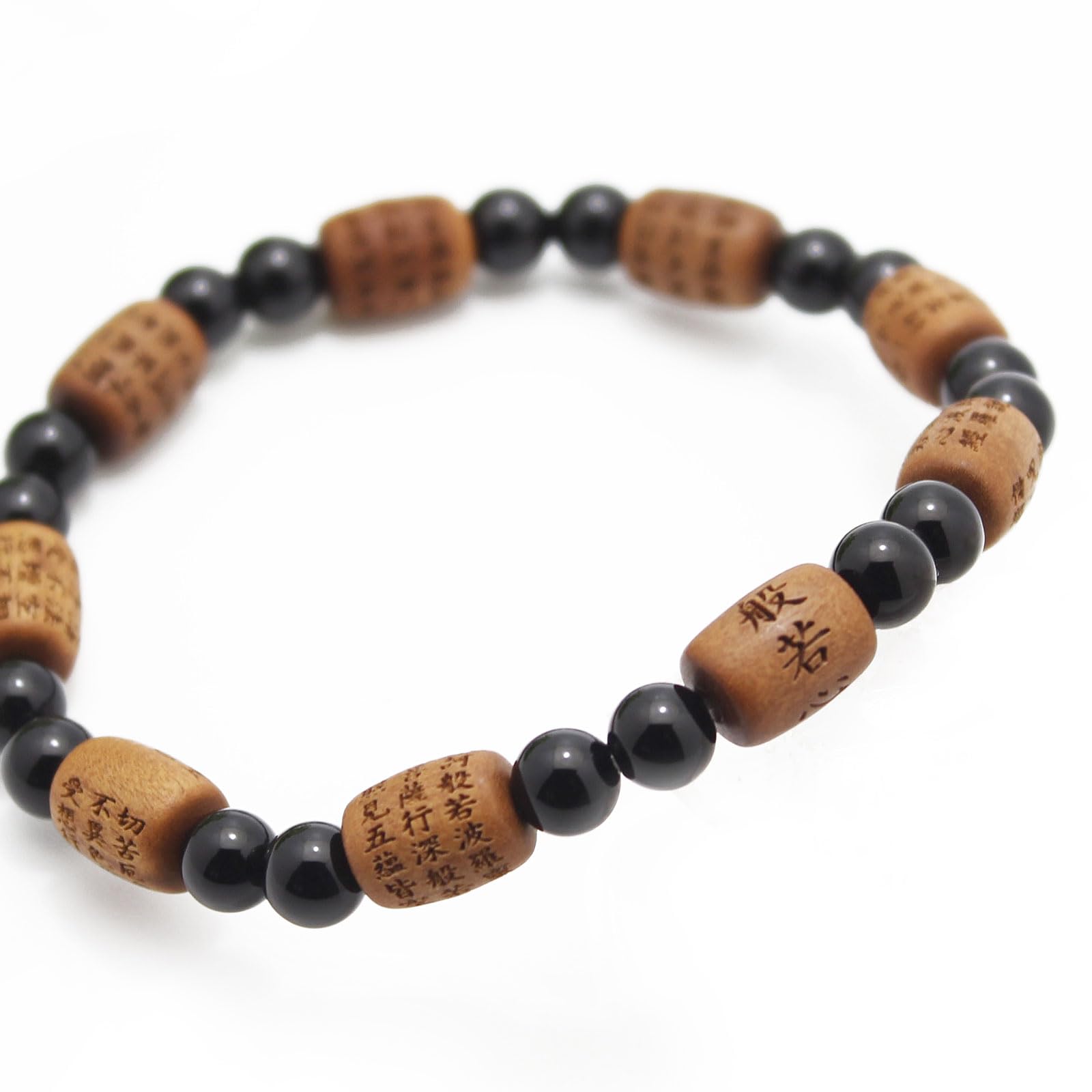 

[Wagokoro Nenjudo] Heart Sutra Carved Natural Sandalwood Bracelet Rice-Shape 10mm Onyx 6mm Buddhist Prayer Beads Inner Circ.16.5cm білий
