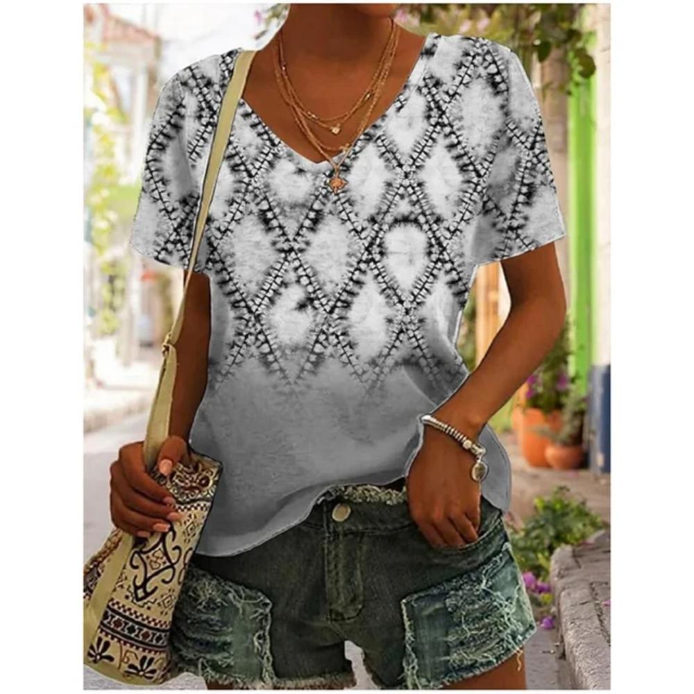 3D V Neck T Shirt Vintage Women Mixed Floral Pattern Print Summer Ladies Shirt Tops Street Trend Loose Plus Size Ladies Tops