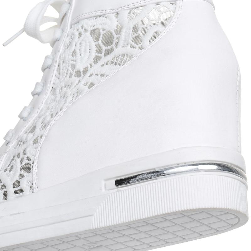 Women Wedge Platform Sneakers Rubber Brogue Leather High Heels Lace Up Shoes Pointed Toe Height Increasing Creepers White Silver