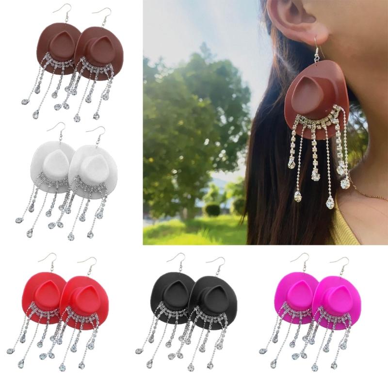 Sparkling Fringe Cowboy Hat Earrings for Music Festivals Party Western Hat Dangle Earrings Cowboy Hat Earrings Jewelry