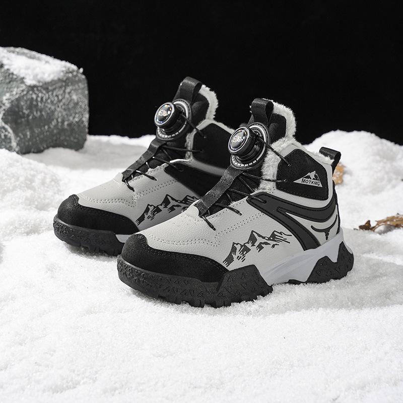 Kids' Pink Lace-Up Plush Snow Boots - High-Top, Thickened, Warm Winter Shoes for Girls.