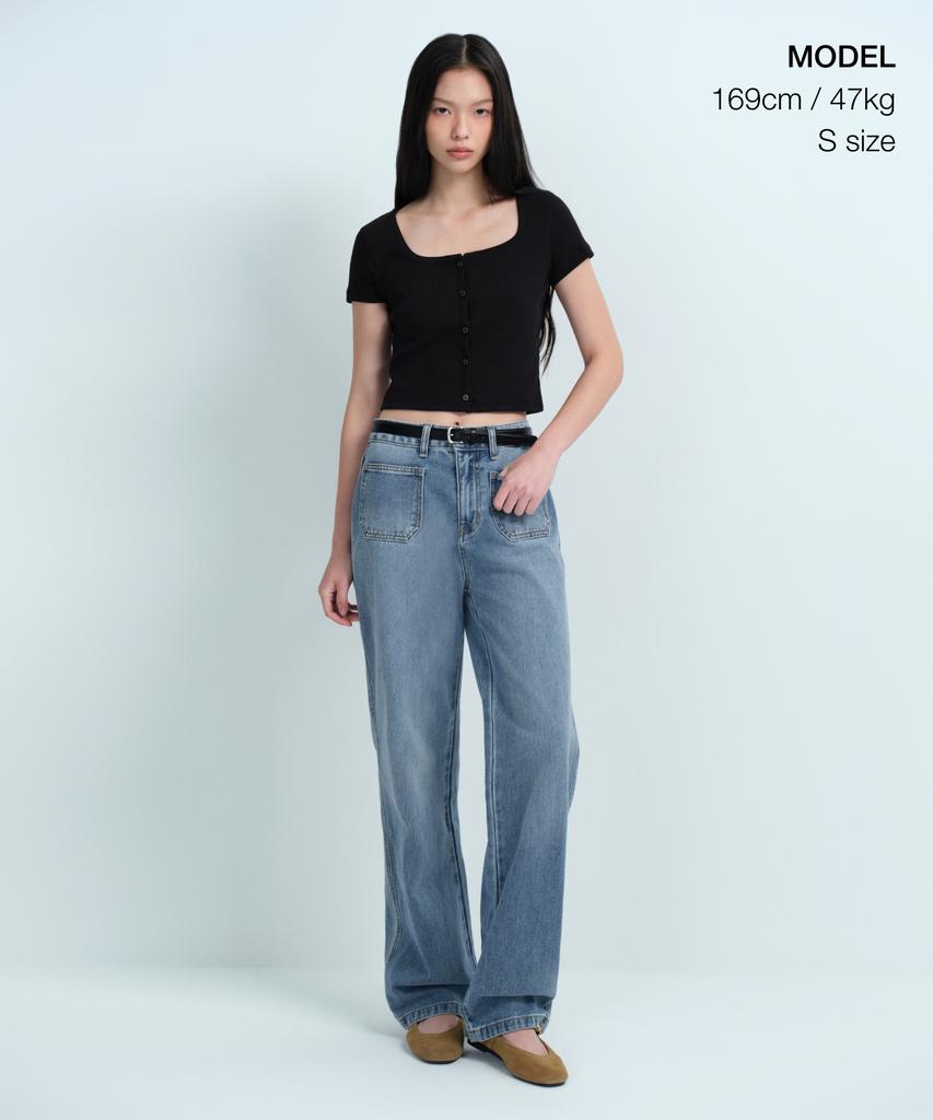 MUSINSA STANDARD WOMAN Women'S Slim Crop Square Neck Button T-Shirt [Black]