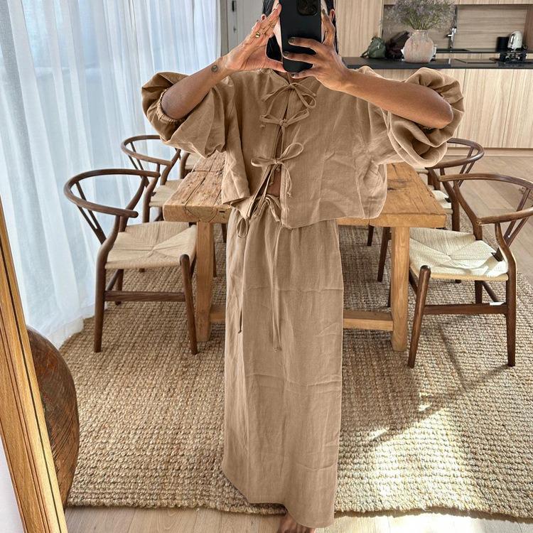 Retro European & American Women's Lace-Up Shirt and Skirt Set - Long-Sleeve Casual Suit, 2025 Summer Collection