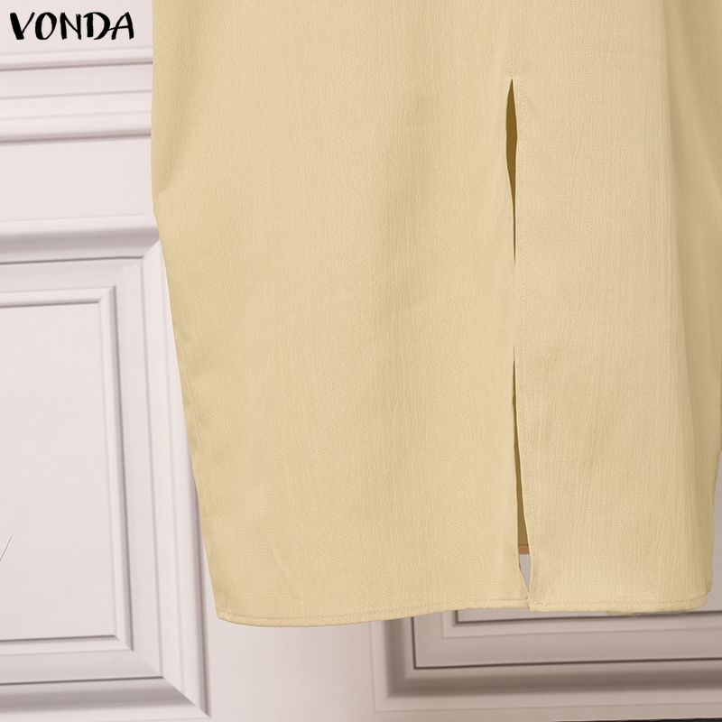 VONDA Women O Neck Half Sleeve Solid Color Casual Loose Baggy Maxi Dress Robes