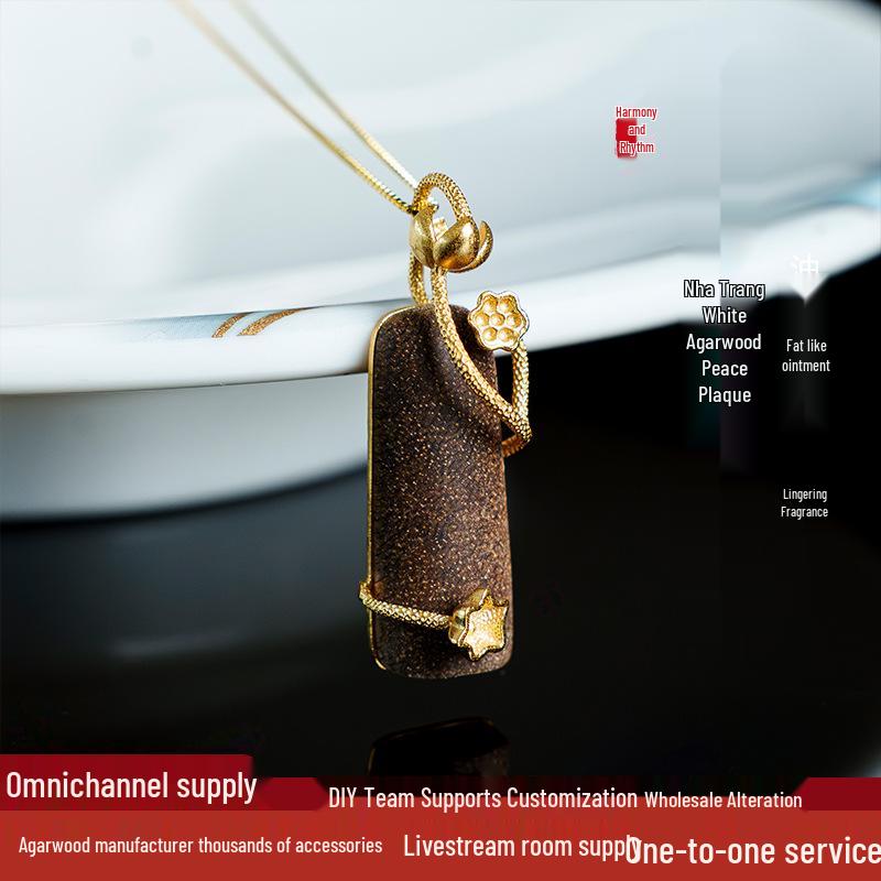 Rectangular Ping An Talisman Nha Trang White Agarwood Pendant with Silver Plated Gold. JH1116-14