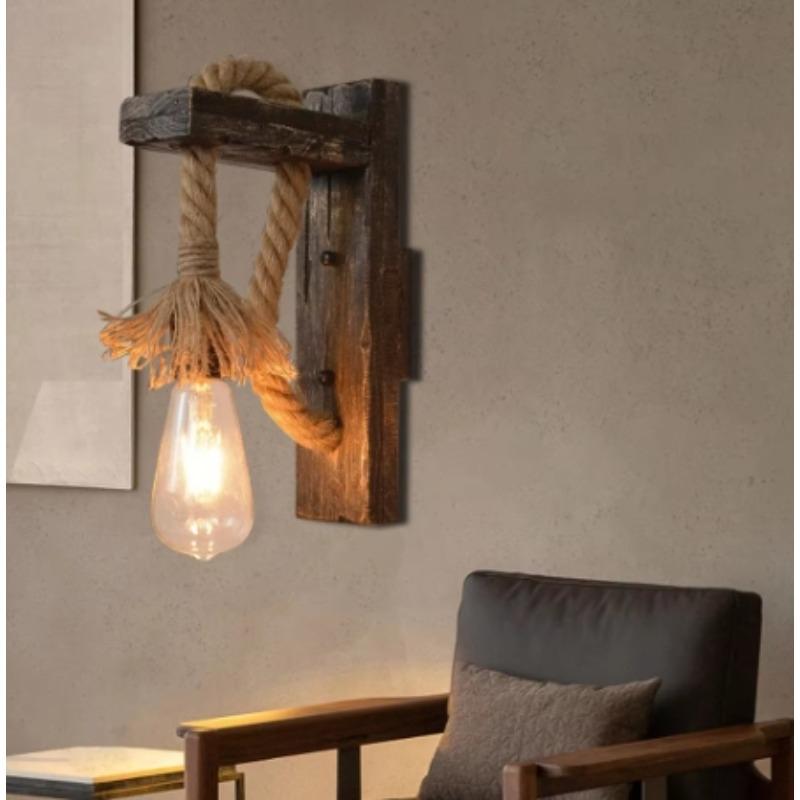 Vintage Wood Hemp Rope Wall Lamps Fixture Retro Hallway Bedside Loft Light Luminaire Industrial American Decor Lighting Wooden