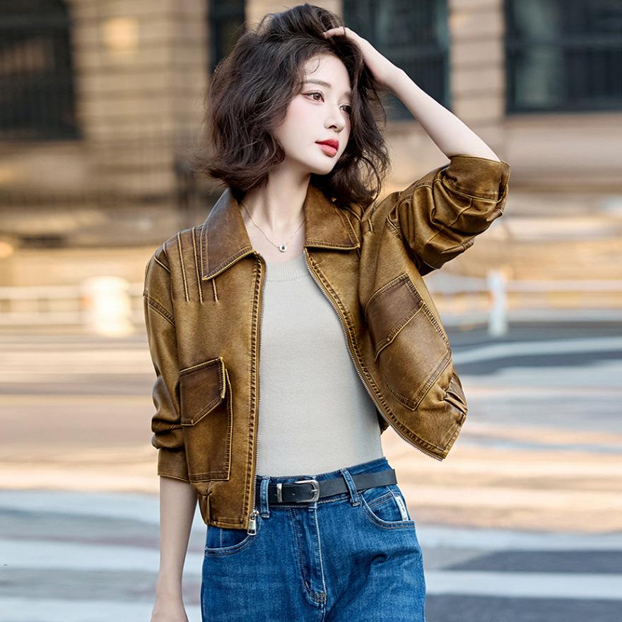 

Кожаная куртка в стиле ретро, короткое пальто, женская весенне-осенняя новинка, свободная куртка-локомотив, топ L