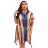 Plus Size Women's Color Contrast Patchwork Woven Hollow Beach Bikini Smock Dress Lace Up