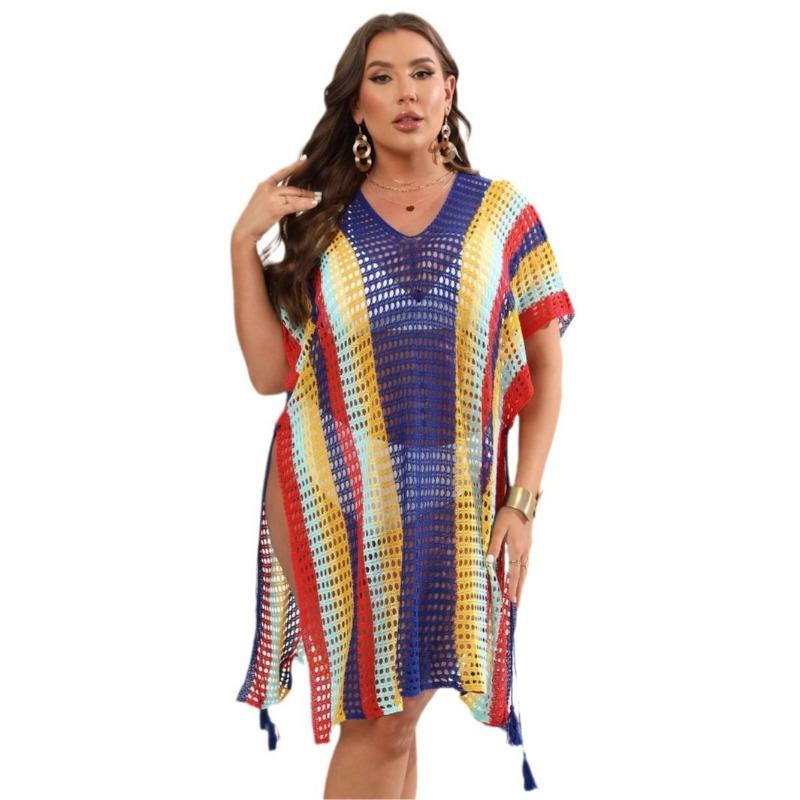 Plus Size Women's Color Contrast Patchwork Woven Hollow Beach Bikini Smock Dress Lace Up