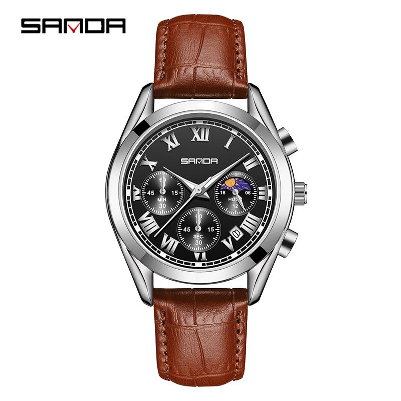 Fashion Sanda 5012 Top Brand Men's Quartz Watch Leather Strap Six-hands Dial Business Casual Creative Cool Clock Men Wristwatch