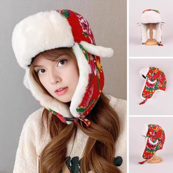 Lei Feng Hat Floral Pattern Thickened Plush Lining Northeastern Hat with Wide Brim Earmuffs Winter Outdoor Headwear