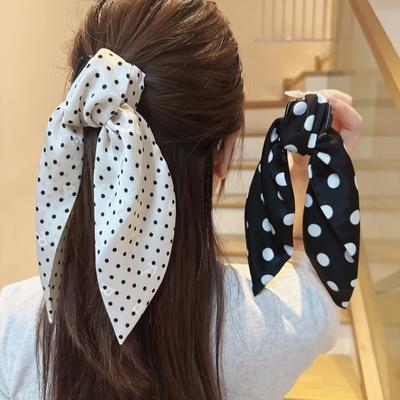 Bow Ribbon with Ribboned Ponytail Clip, Polka Dot Fabric Hair Grab, Elegant and Charming Headwear for Women