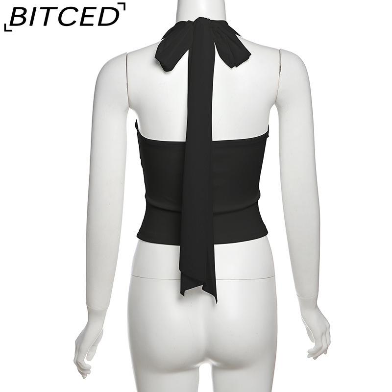 BITCED Summer Women's Solid-Colour Sexy Halterneck Fishbone-Style Crop Top