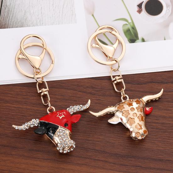 Creative Bull Head Keychain Alloy Animal Pendant with Colored Rhinestone Lobster Clasp Stylish Accessory for Keys Bags Backpacks Gift