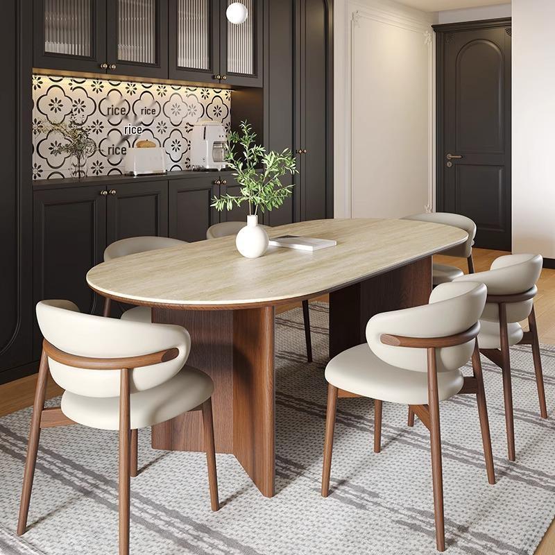 Mid-Century Style Oval Travertine Dining Table & Chair Set with French Solid Wood