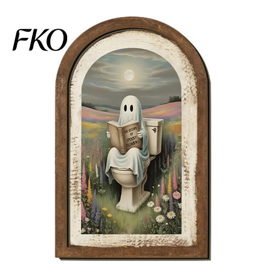 Autumn Fireplace Accent Halloween Ghost Wall Decor, Cute Table Sign, Vintage Arch Framed Shaped Wooden Decor Picture, Decorative Art for Mantel Living