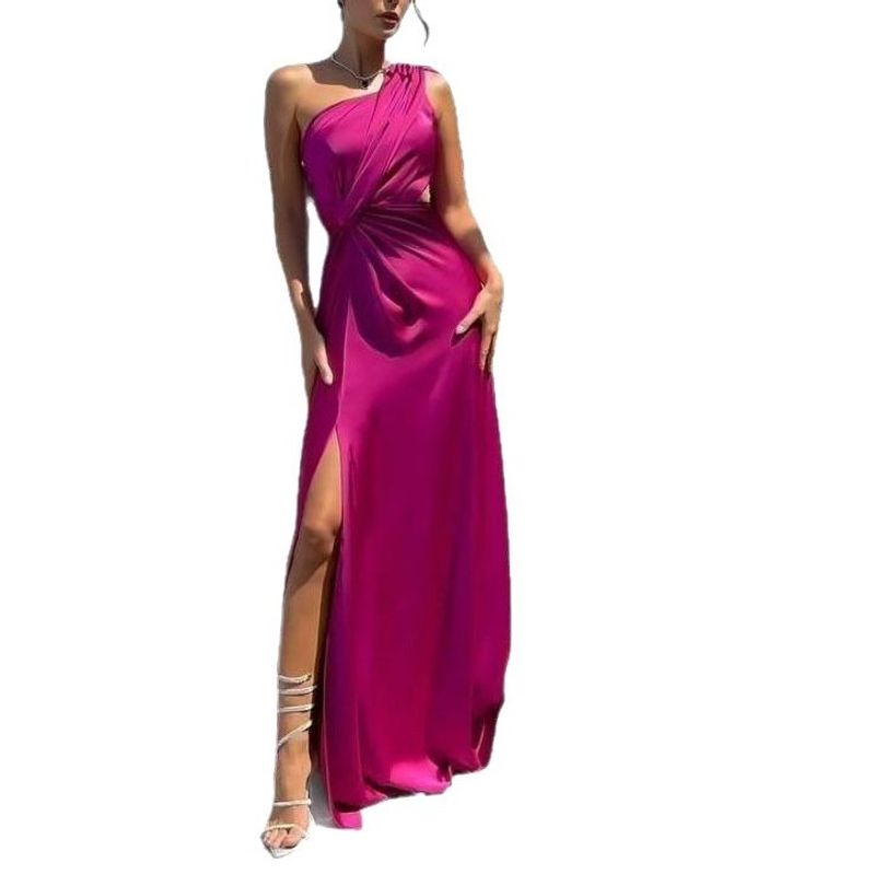 European and American Sexy Women clothes New One-Shoulder Pleated Split Sexy Satin Dress Temperament Slim fit